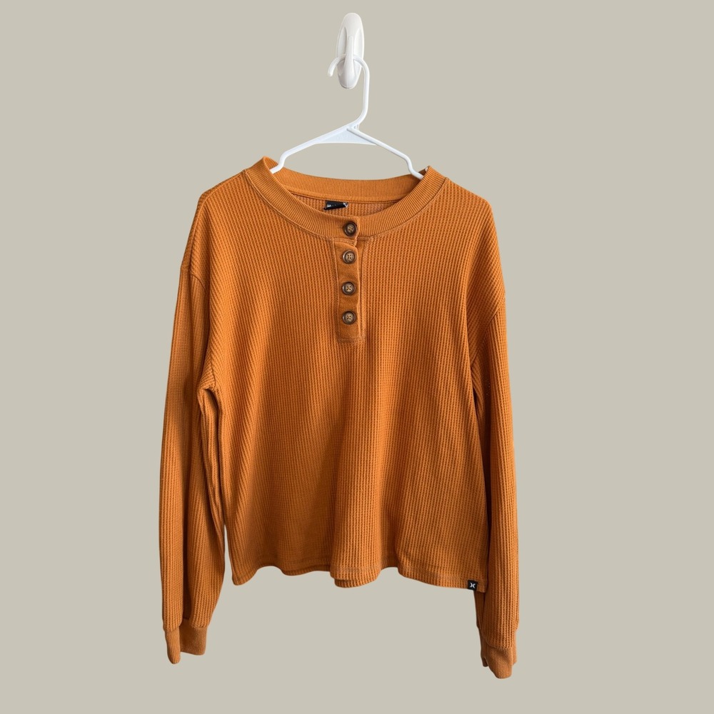 Hurley Waffle Knit Henley Shirt Mens Medium Burnt Orange Long Sleeve Boxy Fit